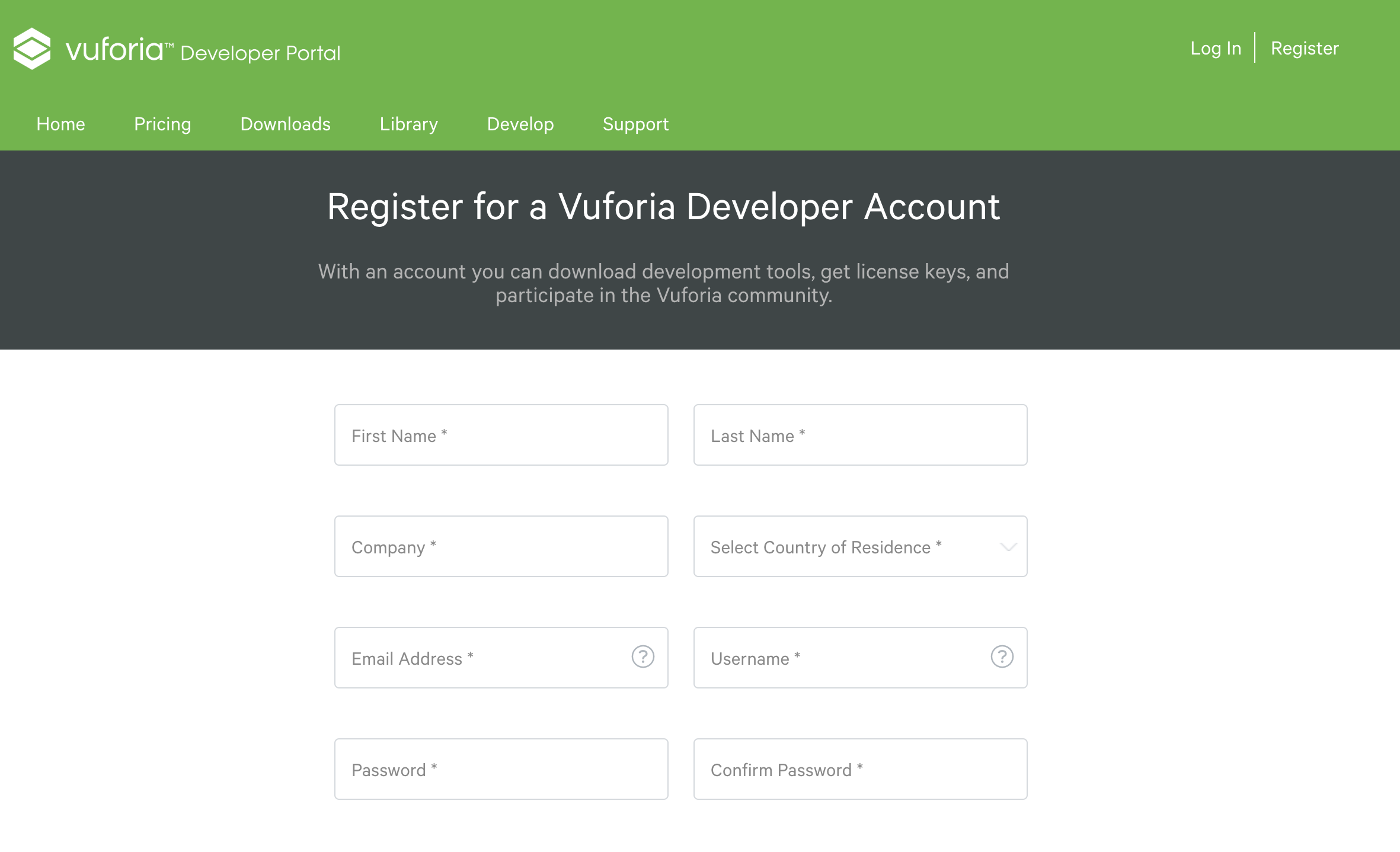 Vuforiaアカウント登録画面