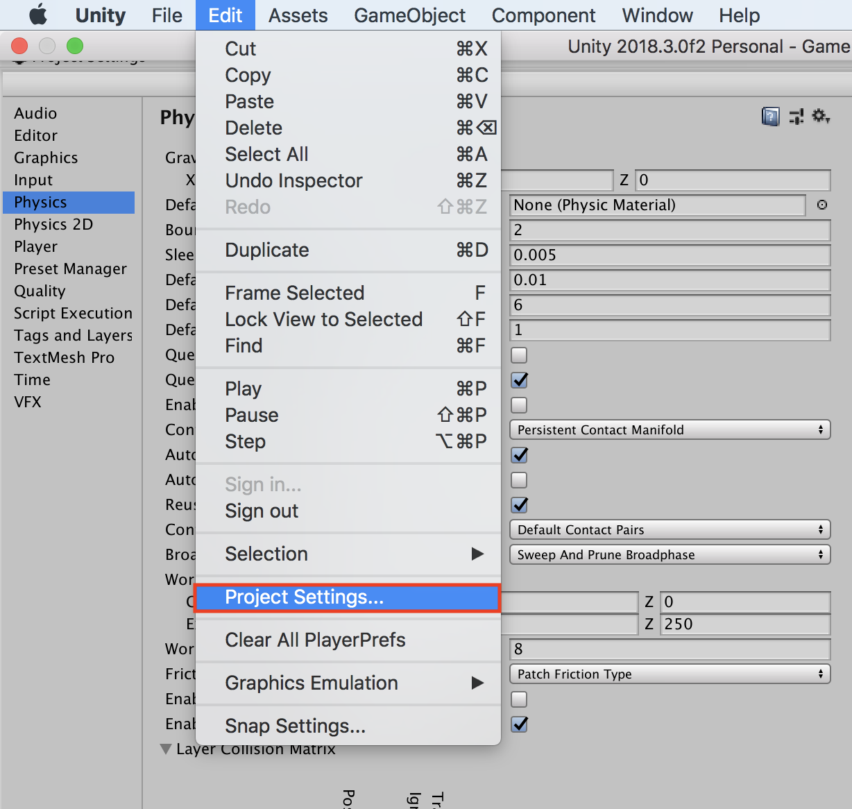 プロジェクト設定を選択