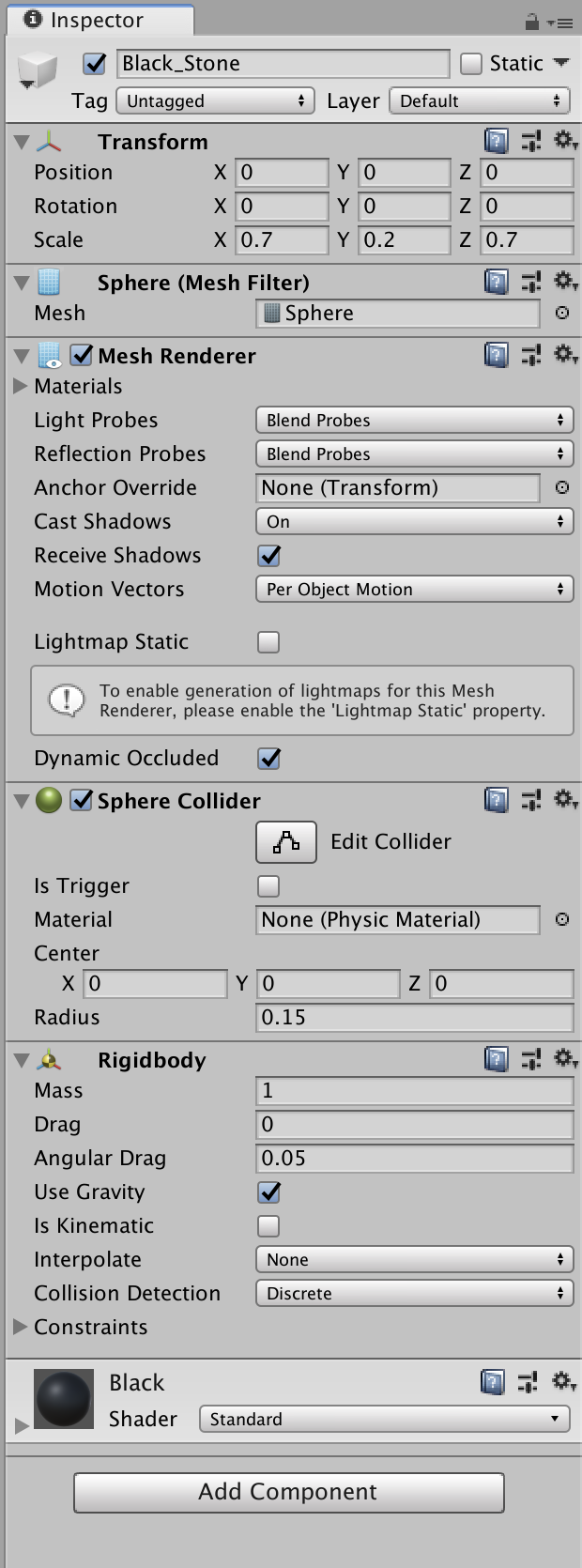 碁石のインスペクターウィンドウ