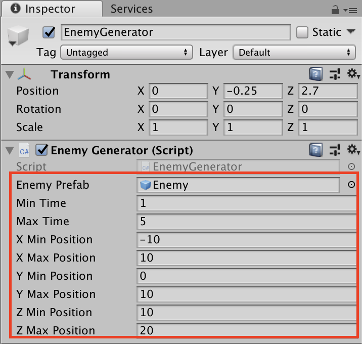 EnemyGeneratorのインスペクター